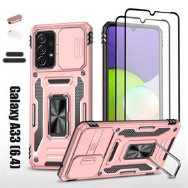 LMDAMZ Heavy Duty Case for Samsung Galaxy A33(5G), Military Grade Dual Layer Hybrid Cushioning Rubber Bumper Protector with Slide Camera Protector, Built-in 360 Degree Swivel Stand -Rose Gold
