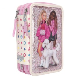 Depesche 10806 TOPModel Filled 3-Compartment Pencil Case Bling with Poodle Print, Glitter Background and Icon Pattern on the Back, Student Case in Pink with Colouring Pencils, Ruler, Scissors and Much