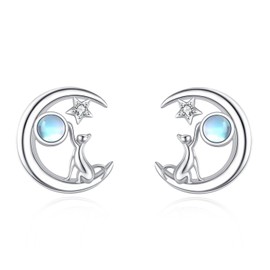 925 Sterling Silver Cat And Moon Stud Earrings With Moonstone And Cubic Zirconia Star, Charm Jewelry, Birthday Gift For Women Sister Friend