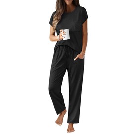 Ekouaer Womens Pajama Sets Cap Sleeve Sleepwear Tops and Long Pants Comfy Pjs 2 Piece Lounge Set with Pockets S-XXL Black Large