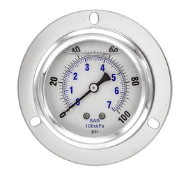 PIC Gauges PRO-204L-254E Panel Mount Front Flanged Glycerin Filled Industrial Pressure Gauge w/ SS Case, Brass Internals, Plastic Lens, 2.5" Dial, 0/100 psi Range, 1/4" Male NPT