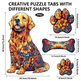GLOBLELAND 200Pcs Golden Retriever Wooden Jigsaw Puzzles for Toddler Children Learning Colorful Dog Jigsaw Puzzles for Adults Preschool Learning Birthday Gifts