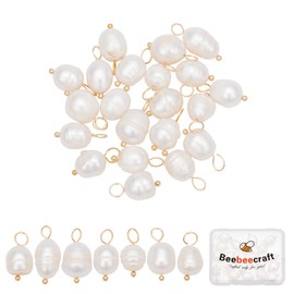 Beebeecraft 1 Box 30Pcs Freshwater Pearl Charms 18K Gold Plated Ball Head Pins Baroque Natural Irregular Rice Pearl Dangle Drop Charms Pendant for Summer Them DIY Bracelet Jewellery Making