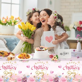 3 Pcs Happy Mothers Day Tablecloth Plastic - Pink Flowers Table Cloths, Love Mother Day Rectangle Floral Table Cover for Happy Mother's Day Tables Decorations Party Supplies Favors, 54x108 Inch