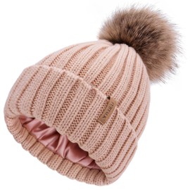 FURTALK Womens Beanie Satin Lined Knitted Beanie with Pom Winter Hats for Women Pink