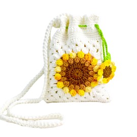 MAIQUNE Sunflower Crochet Bag, Women's Crocheted Bags, Crochet Flower Woven Tote Bags, Handwoven Crossbody Handbag, Crocheted Handbag, Handmade Knitted Shoulder Bag for Girls Women(White)