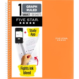 Five Star Spiral Notebook + Study App, 1 Subject, Graph Ruled Paper, 8-1/2" x 11", 100 Sheets, Fights Ink Bleed, Water Resistant Cover, Sedona Orange (620000CD1)