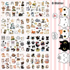 Tattoo Children, 8 Sheets Cats Children's Tattoo Stickers, Cute Cat Temporary Tattoos for Children, Waterproof Skin-Friendly Children's Tattoos Stickers for Boys Girls Children's Birthday Party Bag