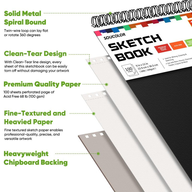 Soucolor 9" x 12" Sketch Book, 1-Pack 100 Sheets Spiral