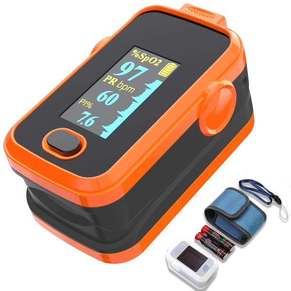 Pulse oximeter fingertip with Plethysmograph and Perfusion Index, Portable Blood Oxygen Saturation Monitor for Heart Rate and SpO2 Level, O2 Monitor Finger for Oxygen,Pulse Ox,Oximetro,(Red-Orange)