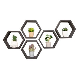 Drakestone Designs Hexagon Floating Wall Shelves, Farmhouse Style Decorative Bookshelves for Kitchen, Bedroom, Living Room, and More, Solid Wood, 10.13" H x 11.75" W x 4.00" D, Black, 5-Pack