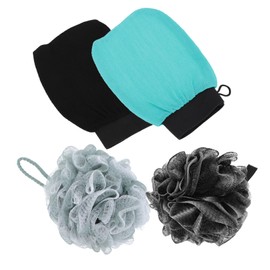 FELTECHELECTR 2sets Deep Cleaning Bath Gloves and Rayon Bath Towel Single Layer Exfoliating Scrub Gloves with for Home and Travel Use Blue Black