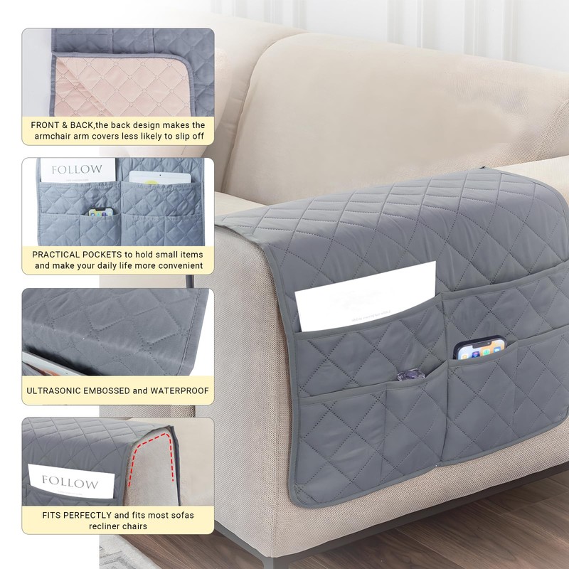 NiCoLa Armrest Covers for Sofa, Grey Chair Arm Covers, Washable