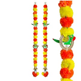 Aditri Creation Set of 2 Yellow & Orange Marigold Flower & Parrot String Wall Hanging Decoration for Home Door Wall Temple for Indian Wedding Festivities Gifting (Size:- 24" / 2 Feet)