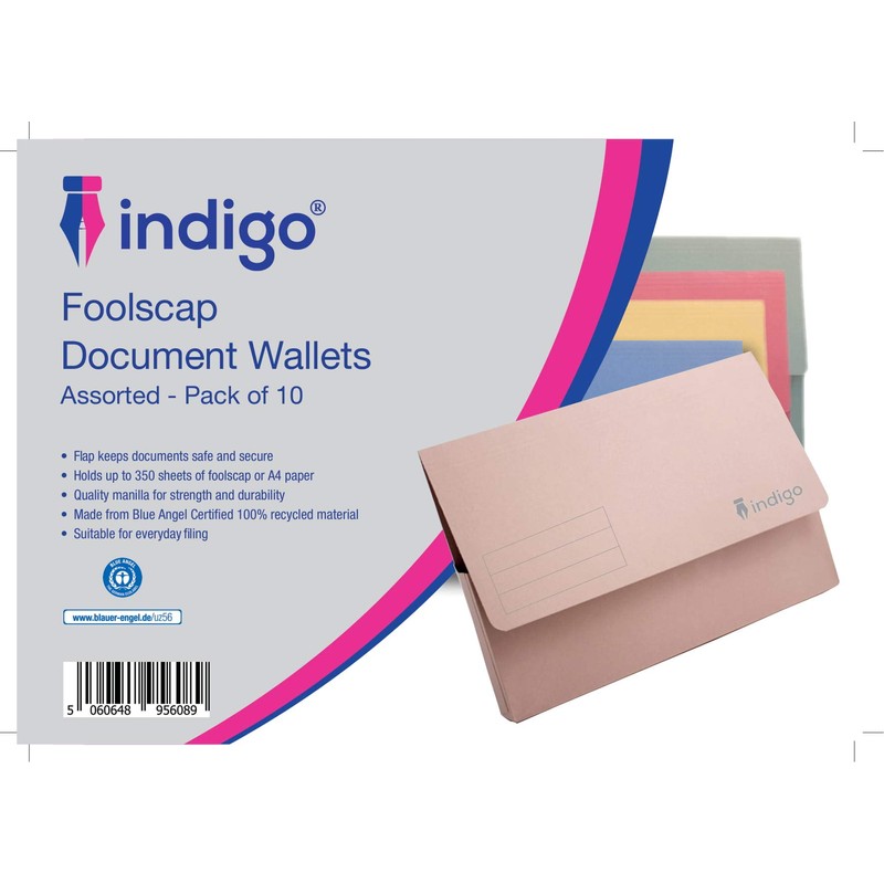 indigo® Premium Foolscap Document Wallet Half Flap 285gsm Capacity 32mm