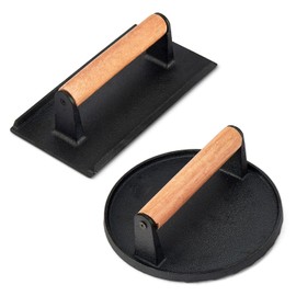 2Pcs Burger Grill Press Set (Rectangular + Round), Joyfair Smash Cast Iron Bacon Press, Professional Teppanyaki Fflat Top Griddle BBQ Kitchen Cooking Accessories for Patty Hamburger Steak Sausage