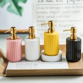 Chic Cylinder-Shaped Soap Dispenser, Vertical Stripe Design with Gold Pump, Ceramic Lotion Dispenser(Yellow)