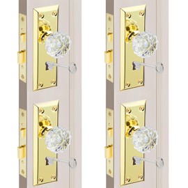 MaxxGeek Antique Mortise Keyed Lock Set with Fluted Glass Knobs and Skeleton Keys, Fits 1-3/8"-1-3/4" Interior Doors, Backset 2-3/8", Gold/Polished Brass, 4 Pack