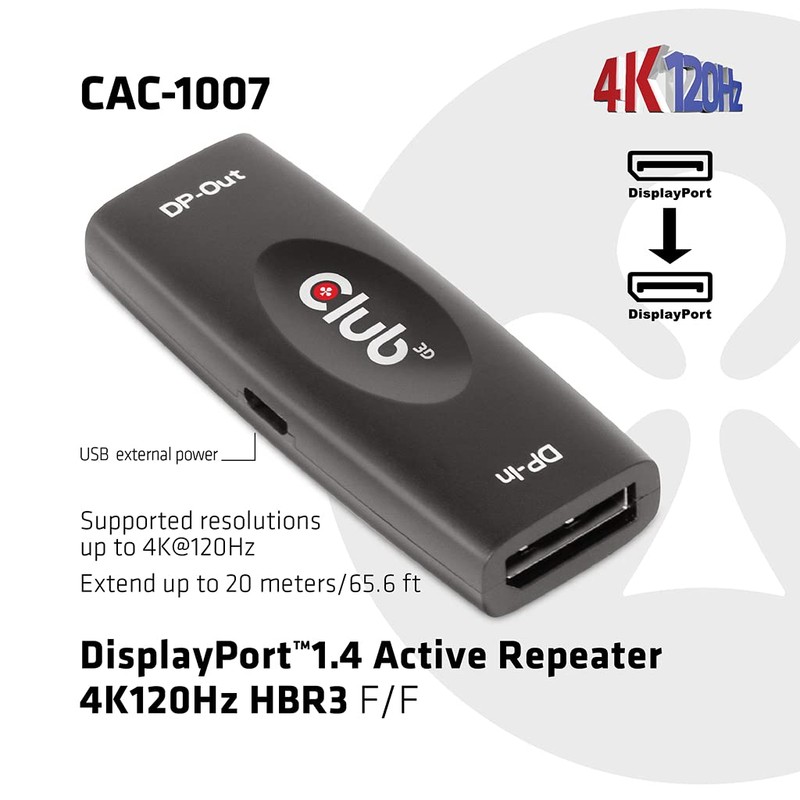 Club3D DisplayPort™ 1.4 Active Repeater/Signal Amplifier 4K120Hz HBR3 B/B