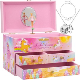 efubaby Musical Jewelry Box for Girls, Unicorn Necklace & Bracelet Set with 3 Pullout Drawers Spinning Ballerina Jewelry Box for Girls Kids Christmas Birthday Gift Waltz of Flowers Tune, Colorful