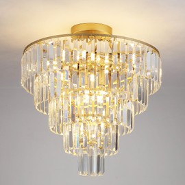 QHANTOMIZE 20" Crystal Chandelier, 10-Light Modern Gold Flush Mount Chandelier, Luxury Round Crystal Semi Flush Mount Ceiling Light Fixture for Dining Room, Living Room, Hallway, E12 Sockets