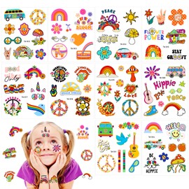 Qpout 10 Pieces Hippie Temporary Tattoo Trendy Hippie Flower Tattoo Stickers Face Tattoos for Adults and Children Love and Peace Sign Temporary Tattoo Party Favour Accessories