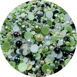 Mix Flatback Pearls and Rhinestone,60g Resin Rhinestones Half Round Pearls for Crafts 3mm-10mm AB Color Half Pearl Flatback Rhinestone for Nail Face Art,Bottles (Black Green Series)