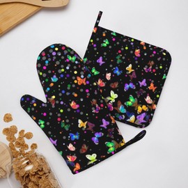 Starry Butterfly Oven Mitts and Pot Holders Set Heat Resistant Non-Slip Silicone Oven Mittens with Oven Gloves and Hot Pads Potholders for BBQ Kitchen Baking Cooking, Quilted Liner