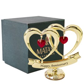 Matashi 24K Gold Plated Beautiful Happy Anniversary Double Heart Table Top Ornament Made with Genuine Red Crystals and Crystal Base