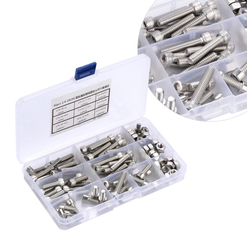 Ailoocedi 90pcs 1/4-20unc Stainless Steel Hex Socket Cap Head Bolts