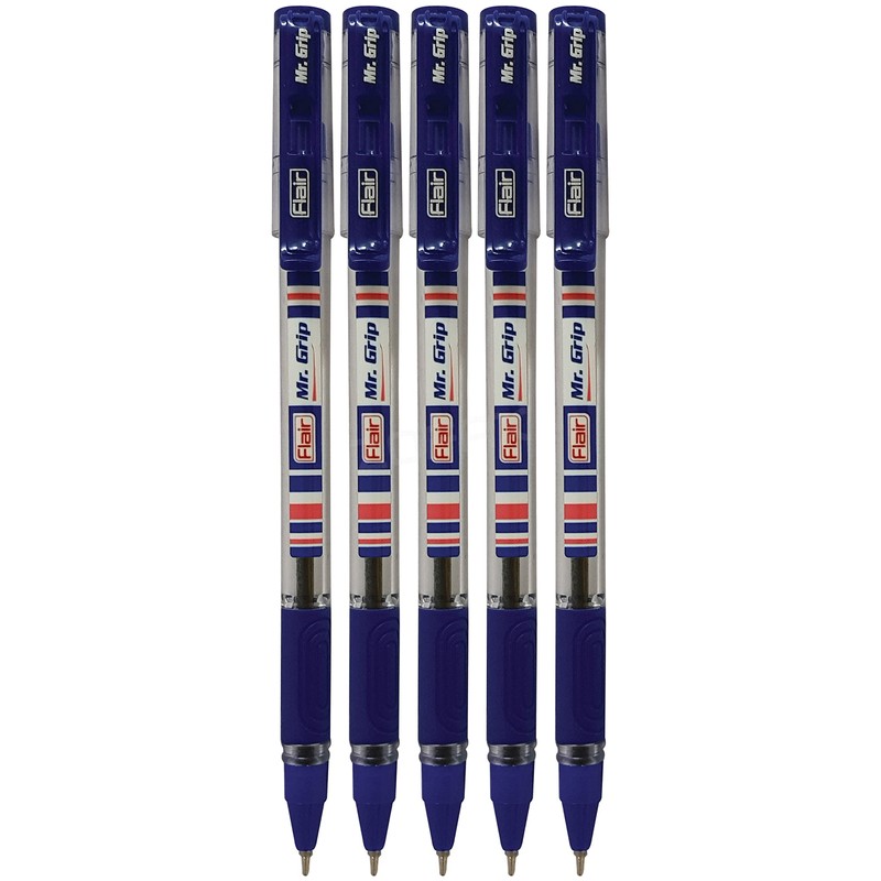 Flair 5 x 0.7mm Mr Grip BLUE Ballpoint Pens Rubber