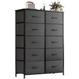 Zibbizo Dresser for Bedroom, 10 Storage Drawers, Anti-Tip Tall Fabric Closet Chests Organizer Tower Furniture with Wooden Top Metal Frame for Clothes, Living Room, Hallway, Entryway
