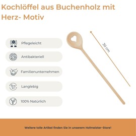 HOFMEISTER® Wooden Cooking Spoon with Heart Motif, No Scratches in Pots, Heat-Resistant Beech Mixing Spoon from EU Production, Round Wooden Spoon for Cooking and Baking