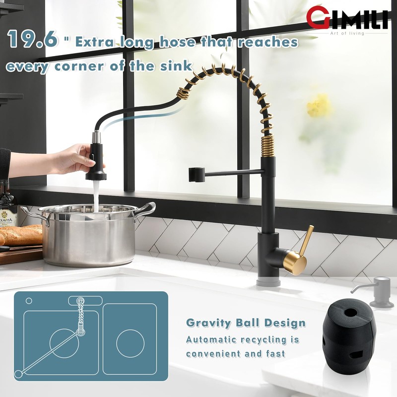 GIMILI Black and Gold Kitchen Faucet with Soap Dispenser Commercial