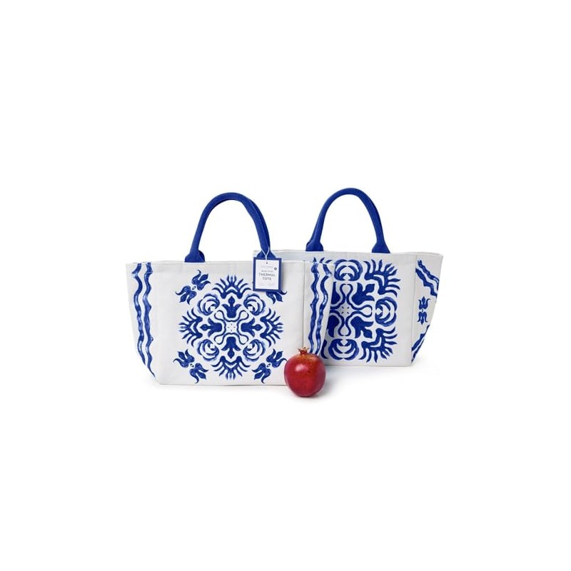 Two's Company Blue Tile Block Printed Thermal Lunch Tote Bag