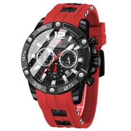 MF MINI FOCUS Men Watch, Chronograph Waterproof Sport Analog Quartz Watches Red Silicon Strap Fashion Wristwatch for Men