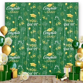 2Pcs Foil Fringe Curtain Congrats Grad Backdrop Wall Graduation Party Decorations for Class of 2025 Graduation Party Supplies (Green)