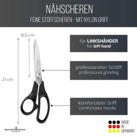 Schwertkrone Fabric Scissors 8 Inch 20 cm Left Hand Scissors for Left-Handed Users, Made in Germany, Sewing Scissors for Professional Crafts, Red
