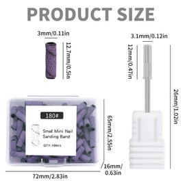 Oiieco 100Pcs 3mm Mini Sanding Bands for Nail Drill, 180 Grit Nail File Sanding Band Set with 2 Small Mandrel Bits,Professional Nail Tech Tools for Small Nails,Manicure Pedicure Accessories