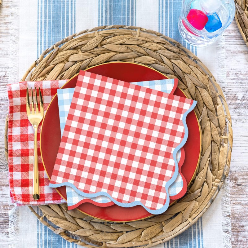 FYSUIMU 50Pcs Gingham Cocktail Napin, Light Blue Red, Scalloped, 3-Ply