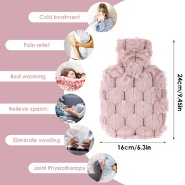 Grevosea Hot Water Bottle, 500ml Small Hot Water Bottle with Cover, Warm Water Bag with Luxury Cosy Faux Fur Cover 2-in-1 Water Bag for Cold & Hot Compress Mini Hot-Water Bag for Women Seniors (Pink)