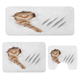 Lunarable Animal Bathroom Rug Set 3 Pieces, Funny Cat in Hole with Claw Scratches Playful Kitten Pet Picture, Plush 2 Rectangular Floor Mats & a U-Shape Toilet Mat, Brown White, Brown White