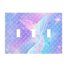Mermaid Scales 3 Gang Triple Toggle Light Switch Cover Decorative Colorful Fish Tail Wall Plate Electrical Receptacle Faceplate for Cute Cartoon Girls Kids Bathroom Bedroom Nursery