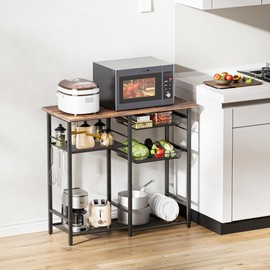 LAKEMID Kitchen Bakers Rack, Microwave Stand with Storge Basket, Coffee Bar Stand, 6 S-Shaped Hook,Kitchen Storage Rack,Rustic Brown