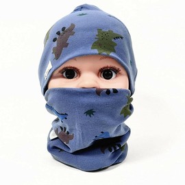 FUYAO Baby Kids Cotton Hat and Tube Scarf Set Children Toddler Spring Autumn Winter Warm Beanie Cap Scarves for Boys and Girls (Dinosaur Navy Blue, 6-24 Months)