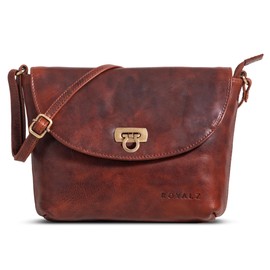 ROYALZ Tulsa Women's Handbag Small Leather Vintage Look Leather Shoulder Bag for Going Out Colour: Roma Cognac Brown