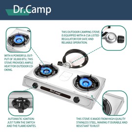 Dr.Camp 30000 BTU 2 burner outdoor garden camping camp hiking propane stove cooker grill with CSA listed regulator and gas hose, gray color