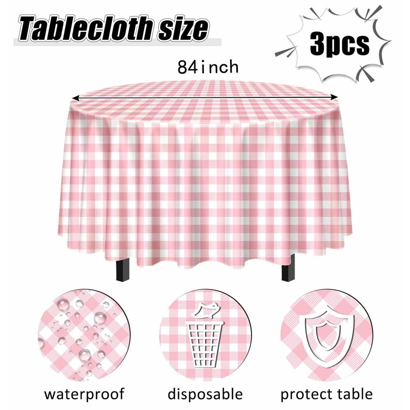 SietDESEO 3 Pack Pink Gingham Tablecloth Round 84 x 84