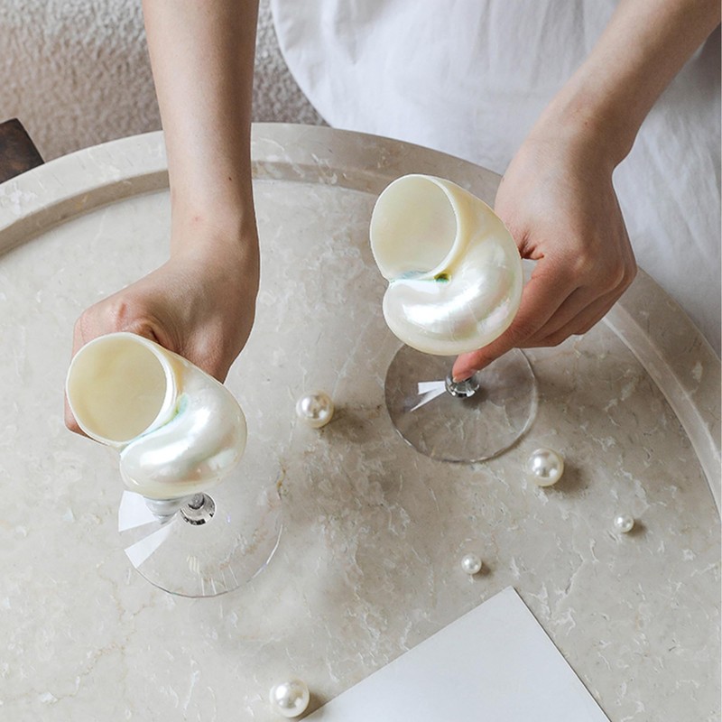 Set of 2 White Conch Shell Wine Glasses, Glass base,