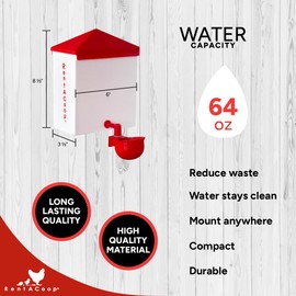 RentACoop 64oz(2L) Automatic Drinker - BPA-Free Waterer with Auto-Fill Cup - Suitable for Chicks, Quail, Pigeons, Doves, and Other Smaller Birds